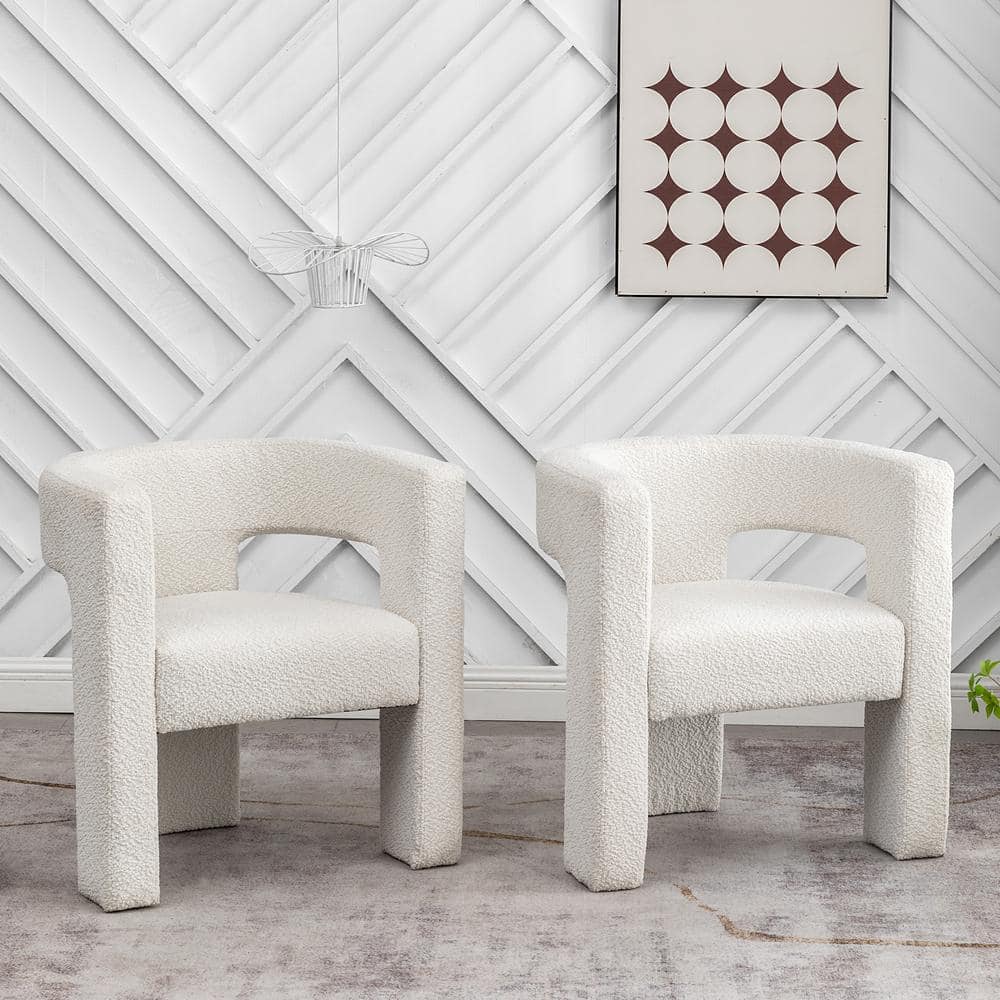 Set of 2 Cream Boucle Barrel Accent Chairs with Wood Frame