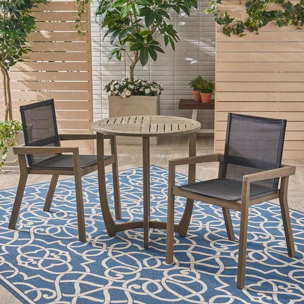 Noble House Marcello Grey 3 Piece Wood Round Outdoor Dining Set With Black Mesh Seats 54861 - Patio Dining Set Mesh Chairs