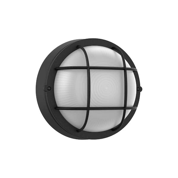 Logmey 7.88 in. x 7.88 in. 1-Light Round Matte Black LED Bulkhead Outdoor Wall Sconce Light Fixture with Frosted Glass Shade