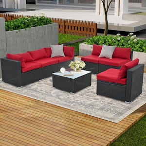 7 Pieces Wicker Patio Conversation Set with Red Cushion, Patio Furniture Sets for Easy Removal and Cleaning