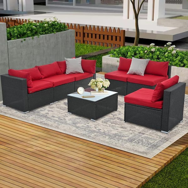 Unbranded 7 Pieces Wicker Patio Conversation Set with Red Cushion, Patio Furniture Sets for Easy Removal and Cleaning
