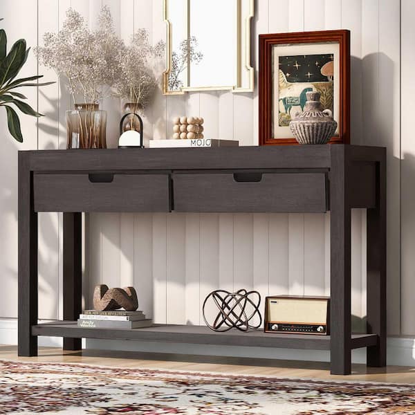 55.1 in. Antique brown Rectangle Wood Console Table with 2-Drawers and 1-Shelf