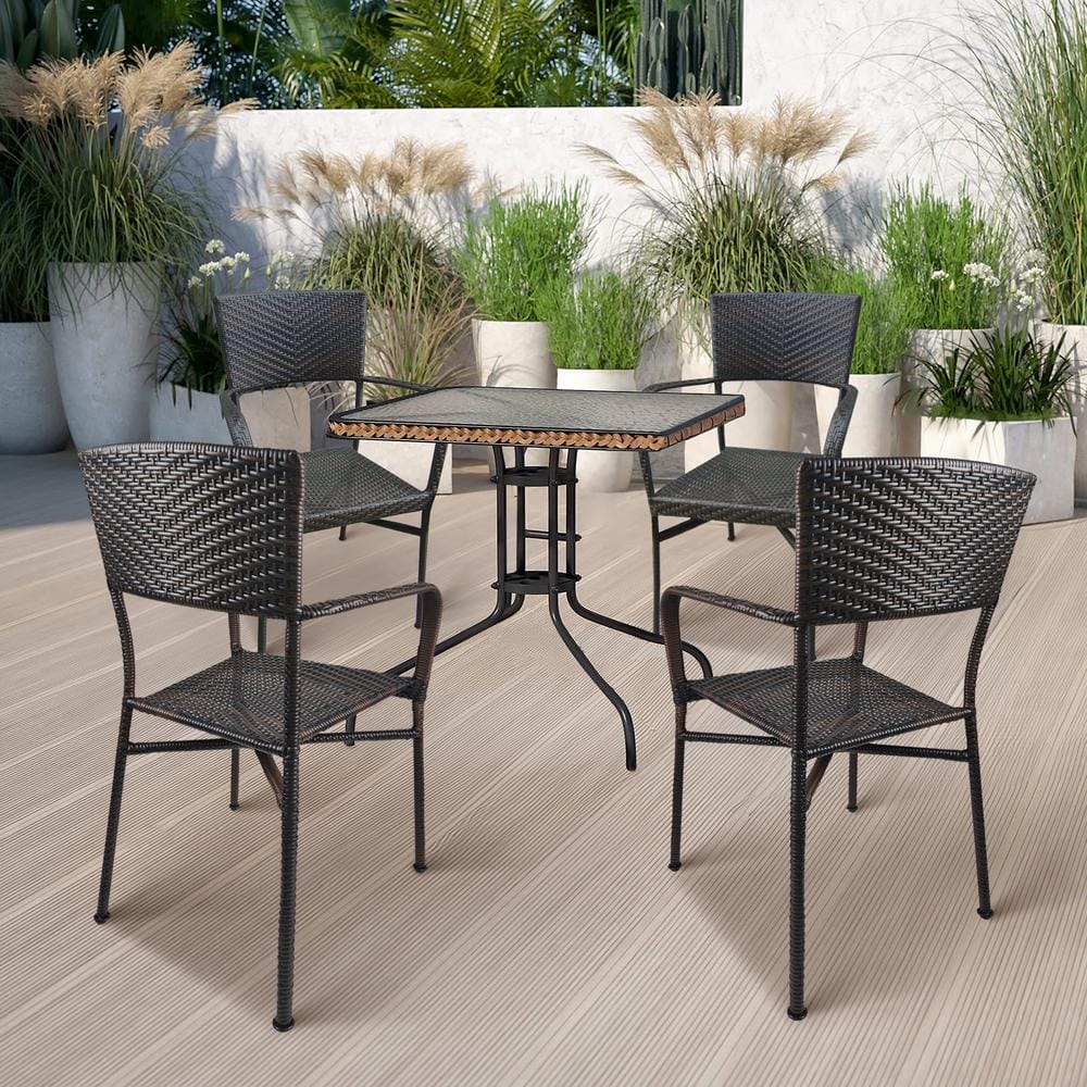 Stacking Wicker Patio Dining Armchair, Outdoor Woven Chair in Brown (Set Of