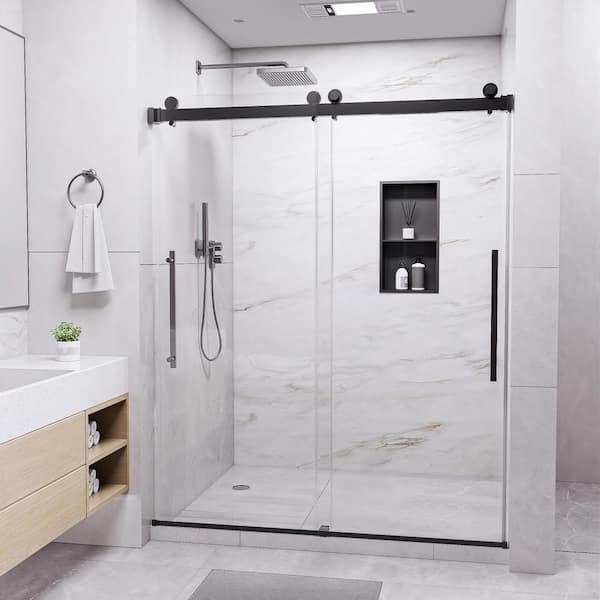 56 in.-60 in. W x 74 in. H Sliding Frameless Shower Door in Matte Black Finish with Clear Tempered Glass