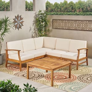 Perla Teak Finish 6-Piece Wood Outdoor Patio Sectional with Cream Cushions
