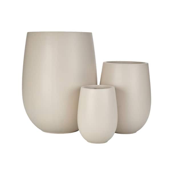 Foxhill 15.6 in. Dia Light Beige MGO Round Lightweight Concrete Outdoor Planter Flower Pots with Drainage Hole, Set of 3