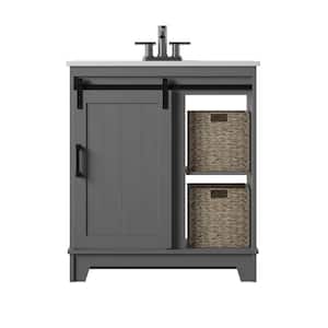 36 in. x 18.13 in. D Bath Vanity in Antique Gray with Vitreous China Vanity Top in White with White Basin and Barn Door