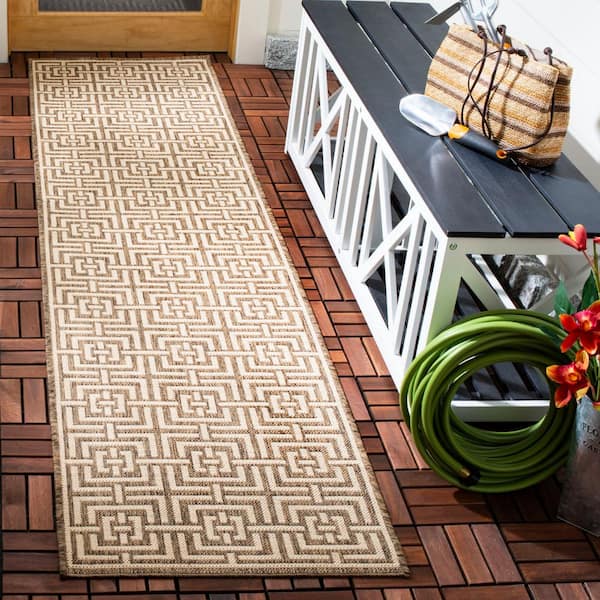 Beach House Beige/Cream 2 ft. x 6 ft. Geometric Fretwork Indoor/Outdoor Patio  Runner Rug