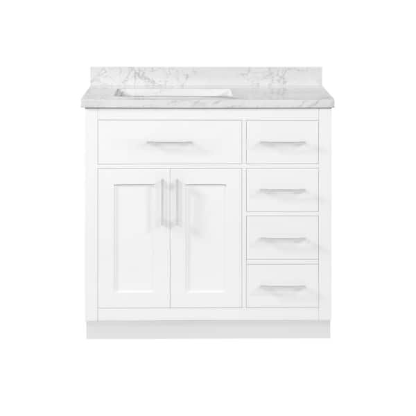 Athea 36 in. Freestanding White Bath Vanity with White Engineered Marble Top, Power Bar and Brushed Nickel Hardware