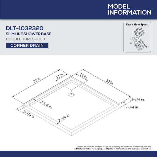 Slim Line 32 in. x 32 in. Double Threshold Shower Pan Base in White with Corner Drain