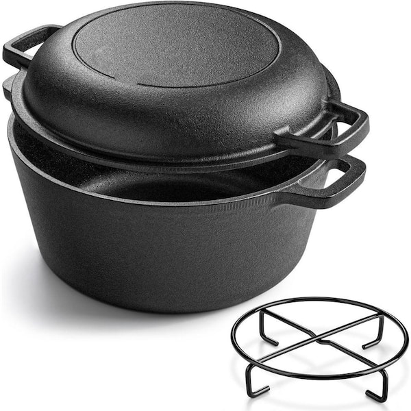2-Piece Black Cast Iron Pre-Seasoned Dutch Oven and Skillet Lid Set with Dual Handles for All Cooktops