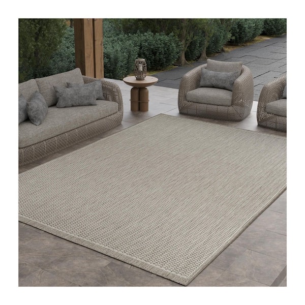 Recife Saddle Stitch  8 ft. x 8 ft. Ivory-Taupe  Square Solid Indoor/Outdoor Area Rug