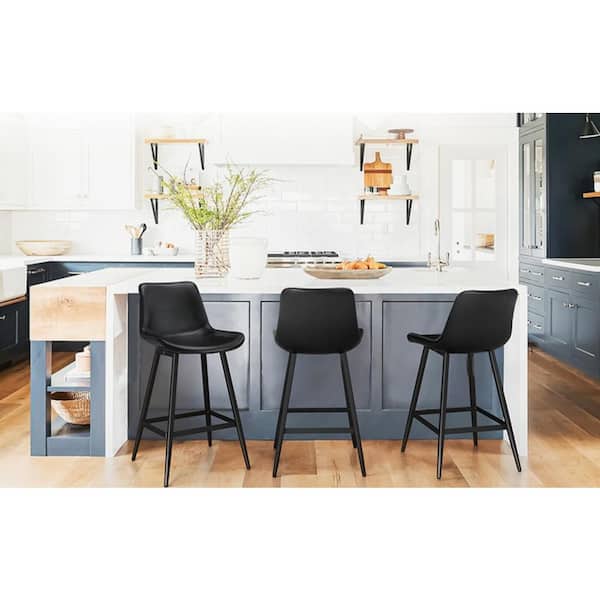 cozyman Abraham 24 in. Black Metal Counter Height Bar Stool Faux Leather Bucket Bar stool with Back Counter Stool (Set of 3)