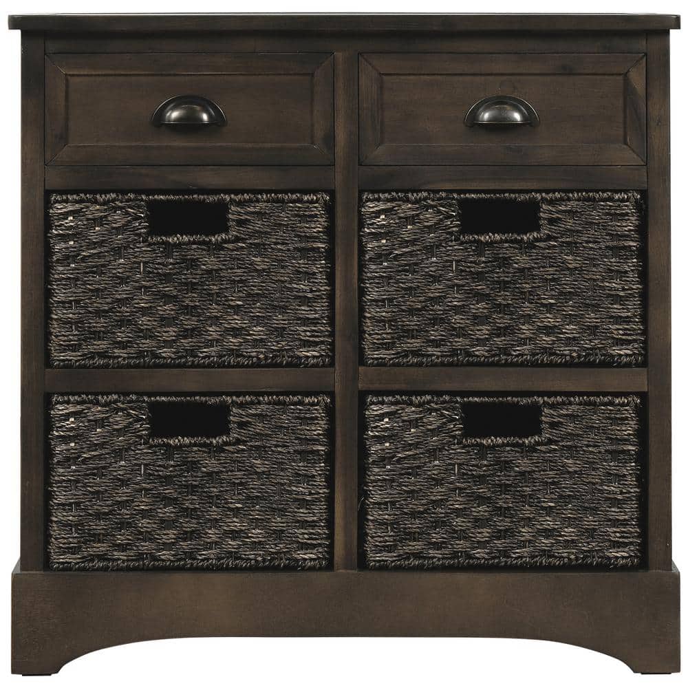 28.00 in. W x 11.80 in. D x 28.00 in. H Brown Gray Linen Cabinet with Two Drawers and Four Classic Rattan Basket