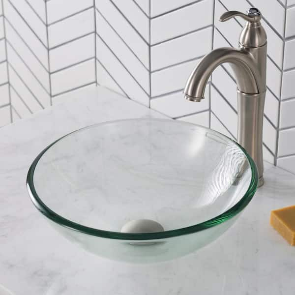 KRAUS Single-Tone 14 in. Round Vessel Bathroom Sink Clear Glass