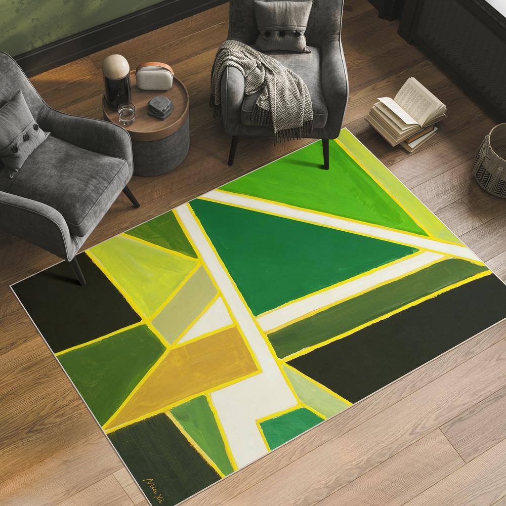 Green and Yellow Geometric Washable Synthetic Area Rug 5' x 7'