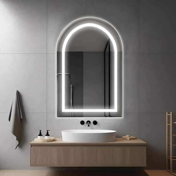Dovelina 24 in. W x 35 in. H Arched Frameless Anti-Fog Acrylic Beveled Edge LED Light Wall Bathroom Vanity Mirror