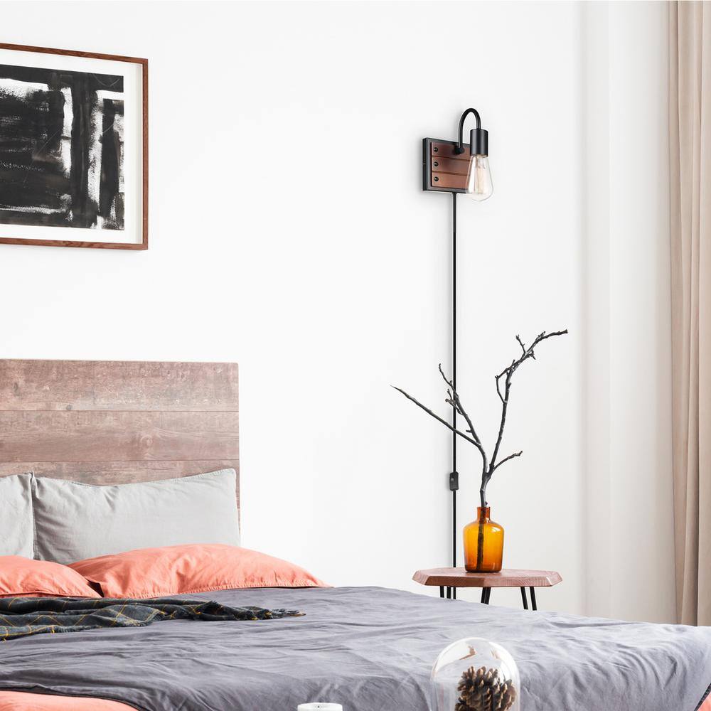 Matte Black Industrial Wall Sconce with Faux Wood Accent
