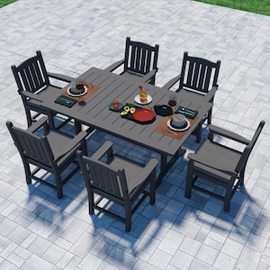 Gray 7-Piece Plastic Retangular Outdoor Dining Set with Armrests and Gray Cushions