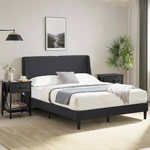 3-Piece Bedroom Set, 2-Black Nightstands with Drawers and Queen Upholstered Metal Bed Frame with USB and Type-C Ports