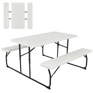 1-Piece HDPE Folding Picnic Table Bench Set Patio Dining Set with Wood-Like Texture in White