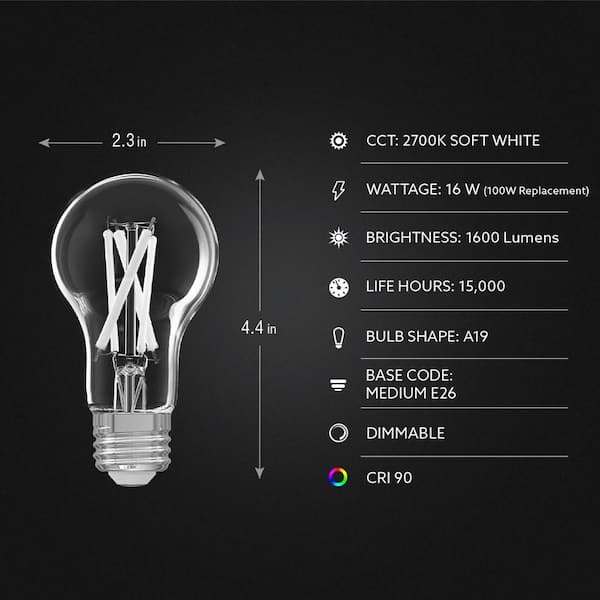100-Watt Equivalent A19 Dimmable White Filament CEC Clear Glass E26 LED Light Bulb Soft White 2700K (24-Pack)