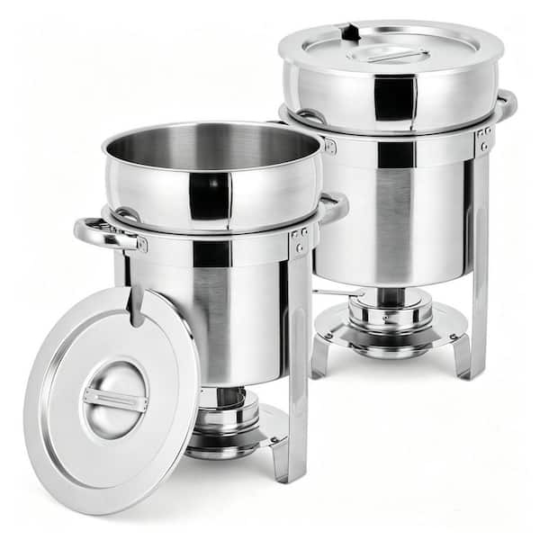 11QT Stock Pot 2 Piece Stainless Steel Round Soup Warmer with Pot Notched Lids & Fuel Holders Buffets Events Party