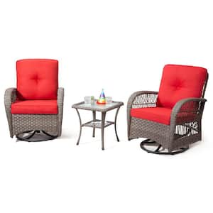 3 Piece Grey Wicker Swivel Patio Outdoor Rocking Chair with Red Premium Fabric Cushions and Matching Side Table