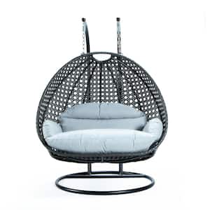 Charcoal Wicker Hanging 2-Person Egg Swing Chair Patio Swing with Light Grey Cushions