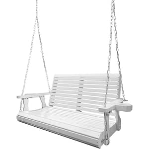 4 Foot Outdoor Wood Porch Swing with Cup Holders, Adjustable Hanging Chains and Spring Hooks, White