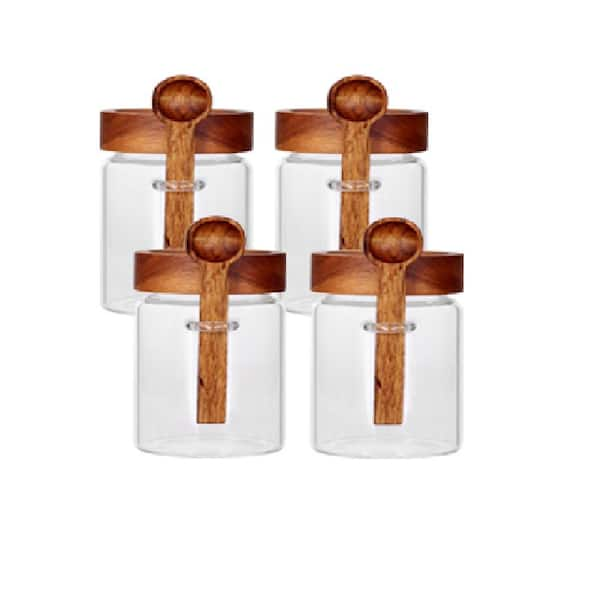 Glass 16 Oz. Tea Food Storage Containers with Wooden Lids and Spoons in Brown (4-Pieces)