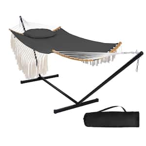 12 ft. Portable Hammock with Stand Included, Double Fabric Hammock with Curved Spreader Bar and Decorative Tassels, Gray