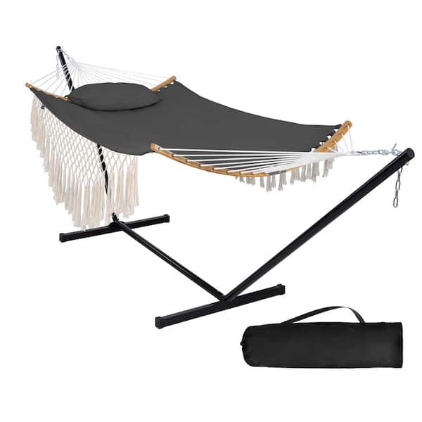 Atesun 12 ft. Portable Hammock with Stand Included, Double Fabric Hammock with Curved Spreader Bar and Decorative Tassels, Gray