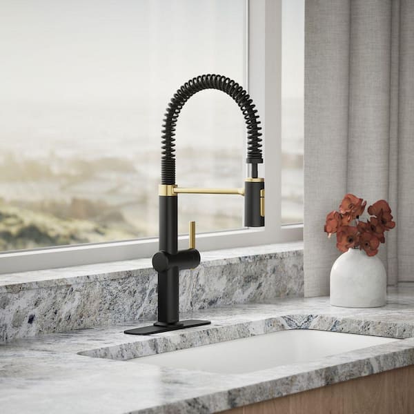 Clarus Semi-Professional Single Handle Pull Down Sprayer Kitchen Faucet in Matte Black with Moderne Brass