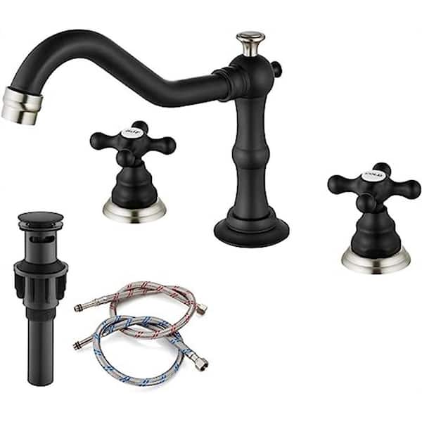 Dyiom Matte Black and Brushed Nickel Widespread Bathroom Faucet Set 3-Hole 2 Cross Handle Swivel Spout-Word Bath Accessory Set