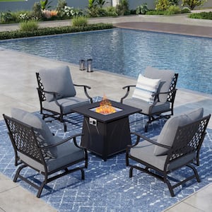 4 Seat 5-Piece Metal Steel Outdoor Patio Conversation Set with Gray Cushion, Rocking Chairs, Square Fire Pit Table
