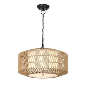 Boho 19 in. 4-Light Beige Pendant Light Chandelier with Rattan and Fabric Shade