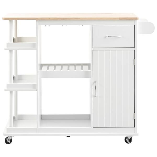 Boosicavelly White Rubberwood MDF Kitchen Cart with Wine Rack and Side Storage Shelves