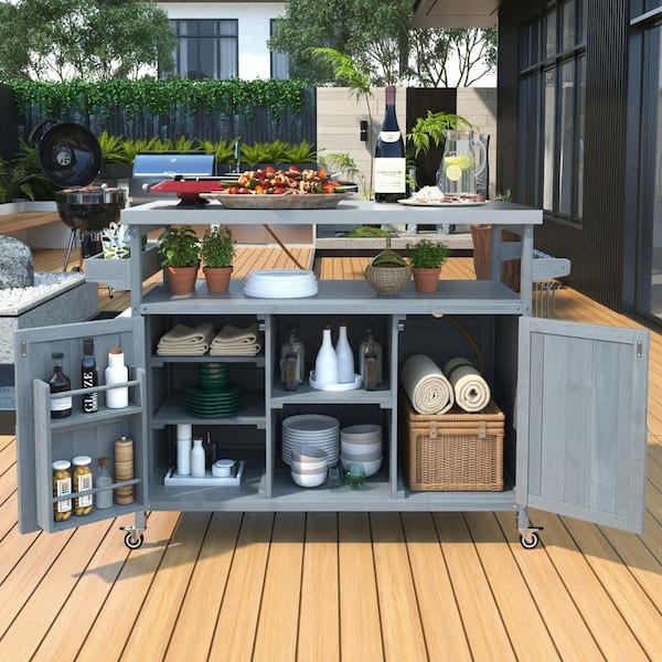 Farmhouse Gray Blue Stainless Steel 50 in. Outdoor Patio Kitchen Island Grill Table Bar Cart with Internal Storage Rack