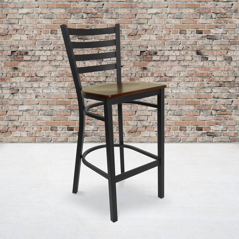Elegant Black Metal Ladder Back Barstool with Mahogany Wood Seat
