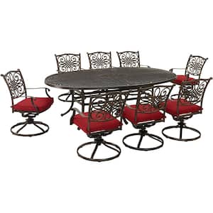 Traditions 9-Piece Aluminum Outdoor Dining Set with Red Cushions, 8 Swivel Rockers and Oval Cast-Top Table