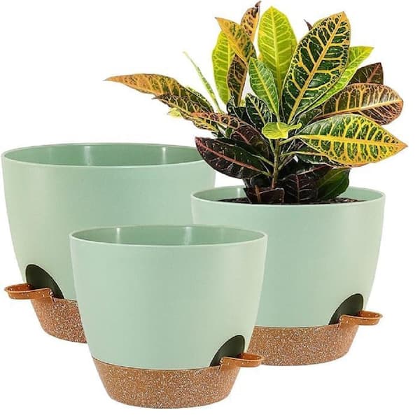 ITOPFOX Garden 10 in. L x 10 in. W x 7.3 in. H Green with Brown Plastic Round Indoor Planter (3-Pack)
