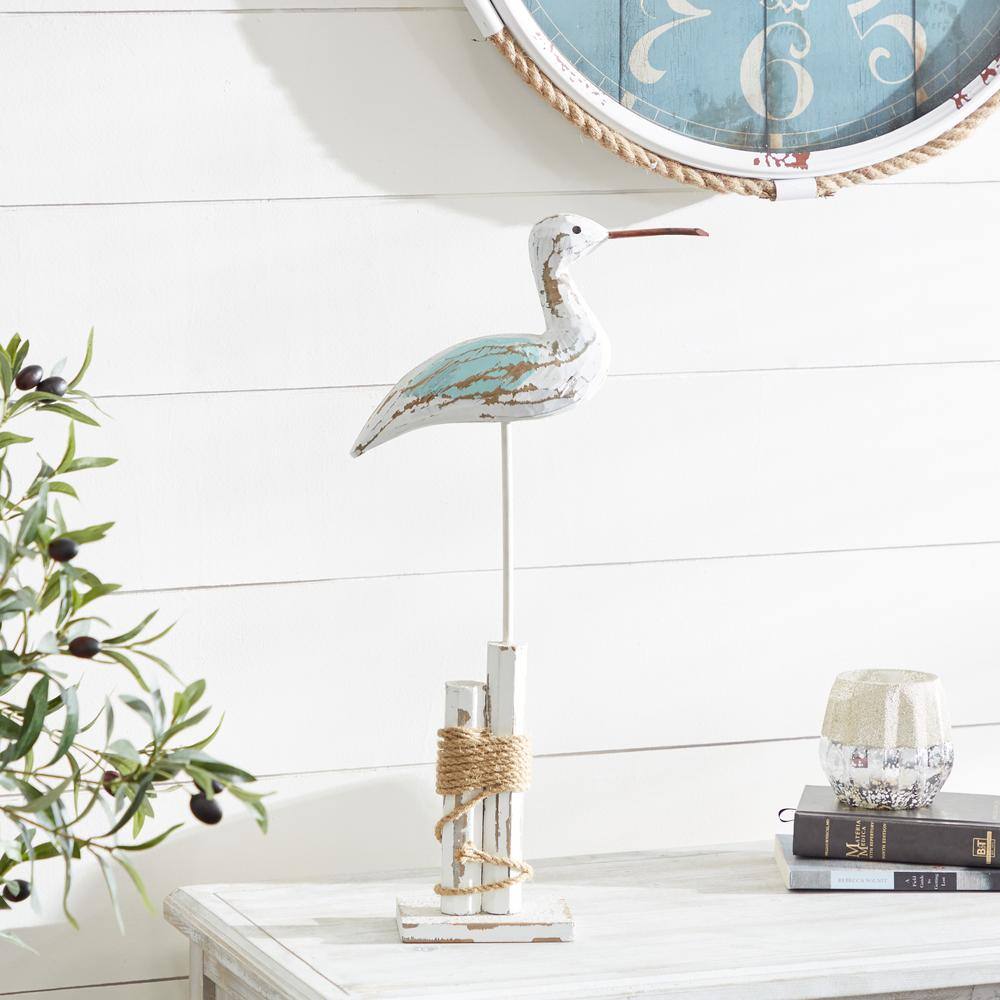 21" White Distressed Wood Bird Sculpture with Jute Trim