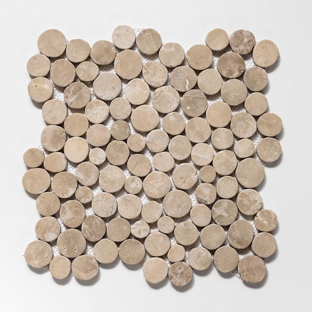 Tan 12" x 12" Tumbled Marble Penny Round Mosaic Tile