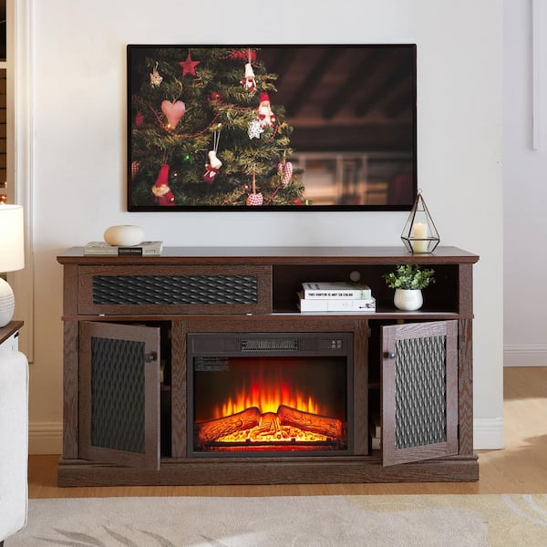 59 in. Freestanding TV Stand with 23 in. Electric Fireplace Insert with Storage Space and sliding door in Brown