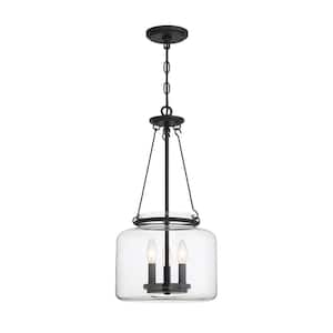 Akron 12 in. W x 24 in. H 3-Light Matte Black Pendant Light with Clear Glass Shade