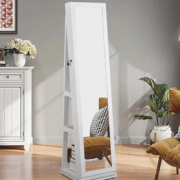 White Jewelry Cabinet Standing, 360° Rotating Jewelry Armoire