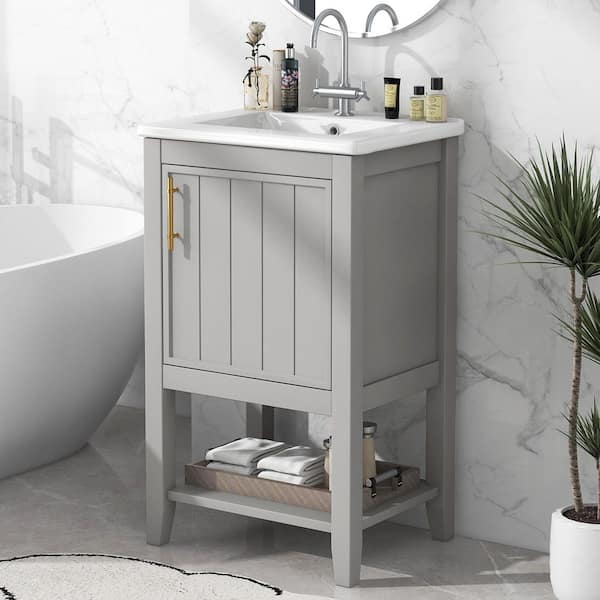 Polibi 20 in. W Single Sink Freestanding Bath Vanity in Gray with White Ceramic Top, 1 Soft Closing Door and 1 Open Shelf
