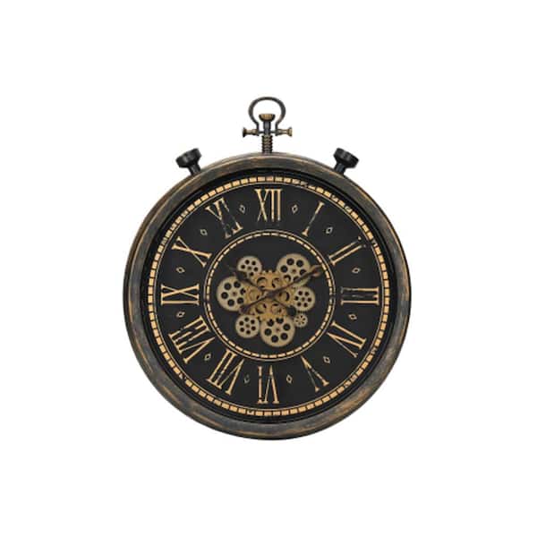 Afoxsos 24 in. Round Antique Gear Mechanism Wall Clock with Silent Quartz Movement, Roman Numerals and Glass Face in Brown