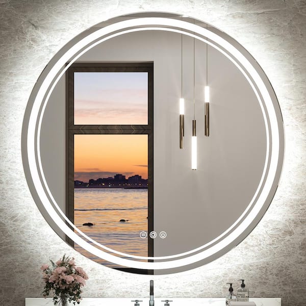 KeonJinn 28 in. W x 28 in. H Round Frameless Backlit and Frontlit 3-Color Dimmable LED Anti-Fog Wall Mount Bathroom Vanity Mirror